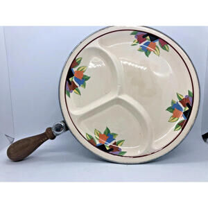 1930s 3 Compartment Hot Water Warming Dish Floral Pattern Wood Handle Farberware
